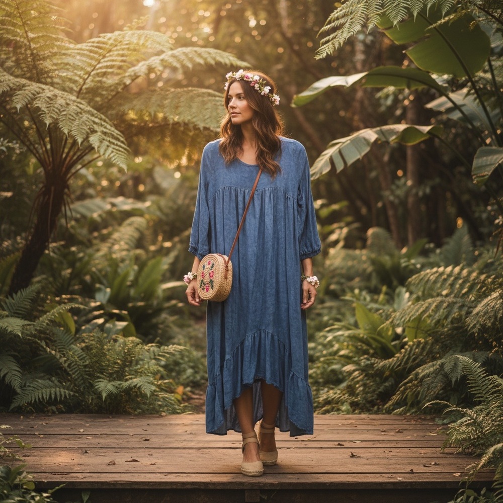 Rayon Tiered High Low Chambray Midi Dress PTP18 3/4 Sleeve Vacation Boho